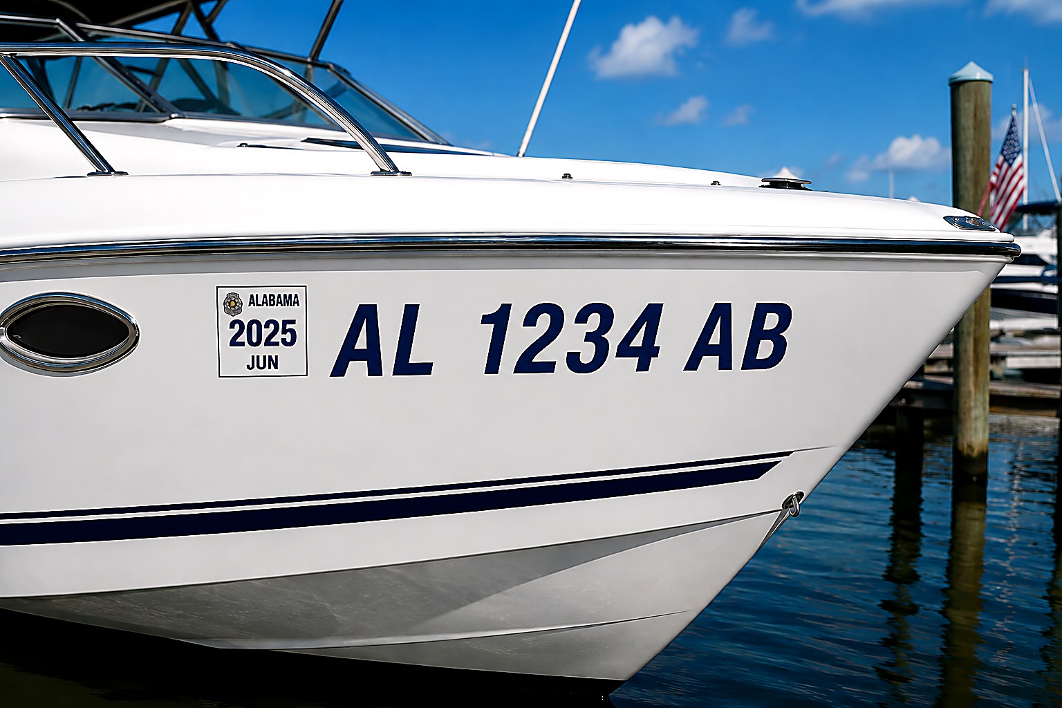 Cut vinyl boat hull registration numbers Alabama state compliant