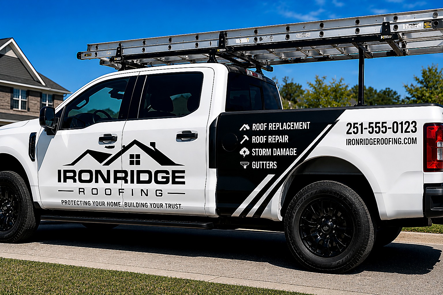 Custom vinyl graphic design roofing truck Baldwin County Alabama